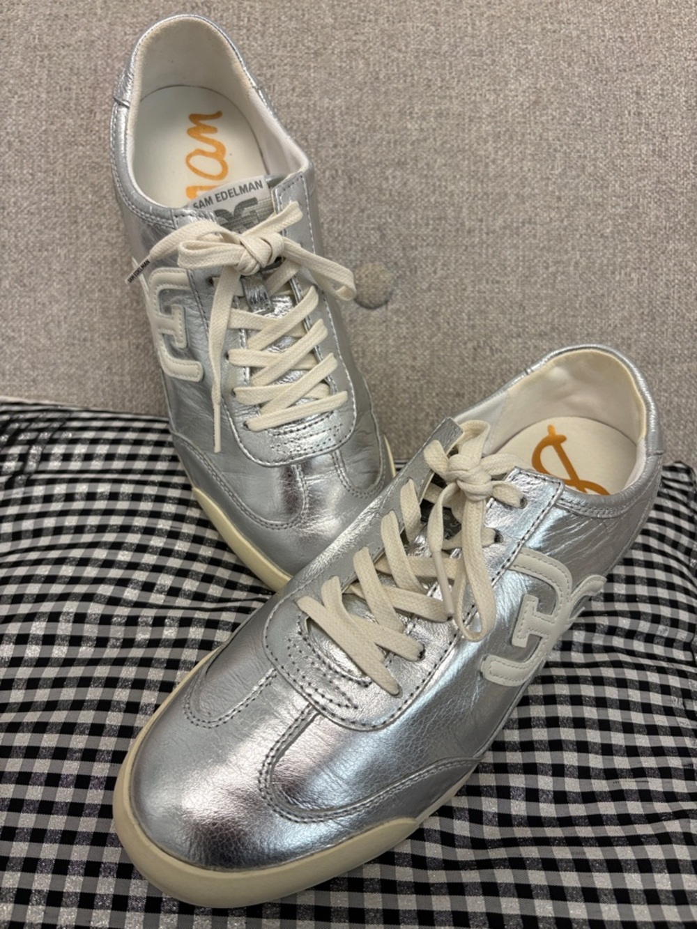 Sam Edelman Metallic Silver Leather Sneakers with Cream Laces
